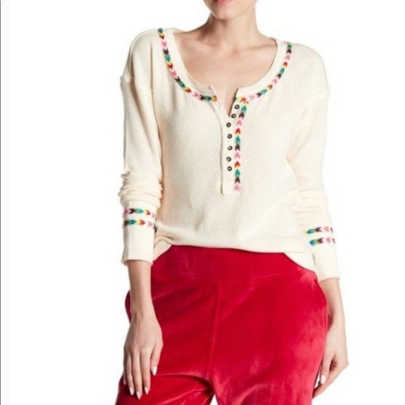 Free People Rainbow Thermal Henley Top Ivory M - Picture 15 of 16